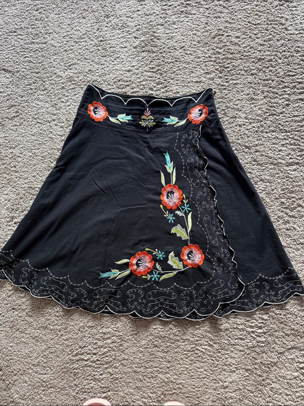 Embroidered Black A-Line Skirt with Orange and pink Floral Detail